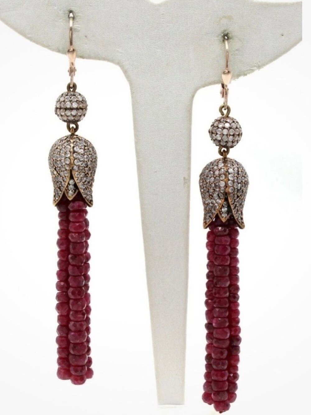 Vintage Turkish Grand Bazaar Ruby Tassel Crystal Pave Tulip Earrings 3 3/4"